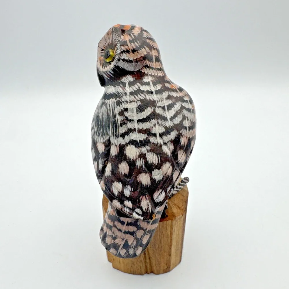 Hand Carved Wood Owl Sculpture Bird on Branch Hand Painted 4.25